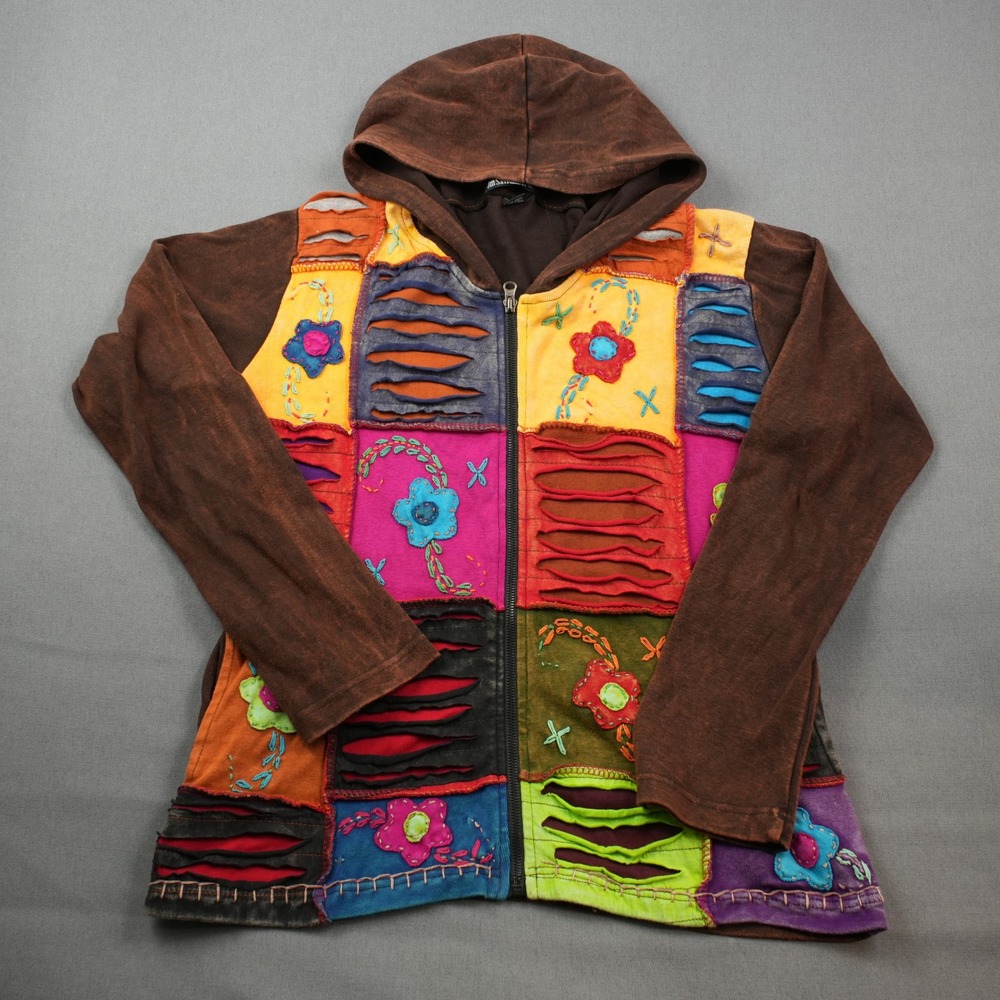 Om SaiRam Craft Flower Patchwork Embroidered Floral Hoodie Jacket Boho Size S - Picture 2 of 9